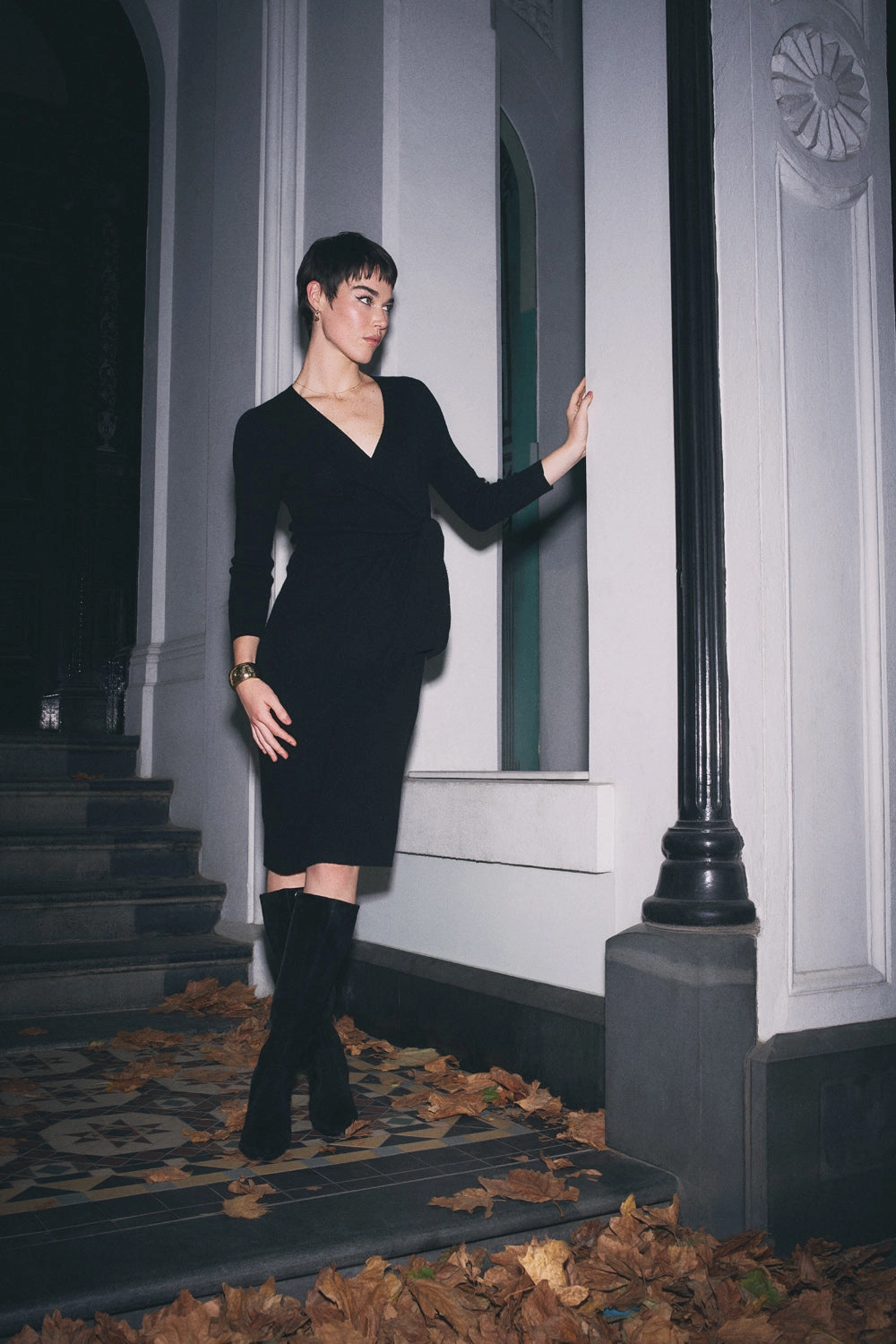 Wrap Detail Knit Dress - Black Contrast-Piping