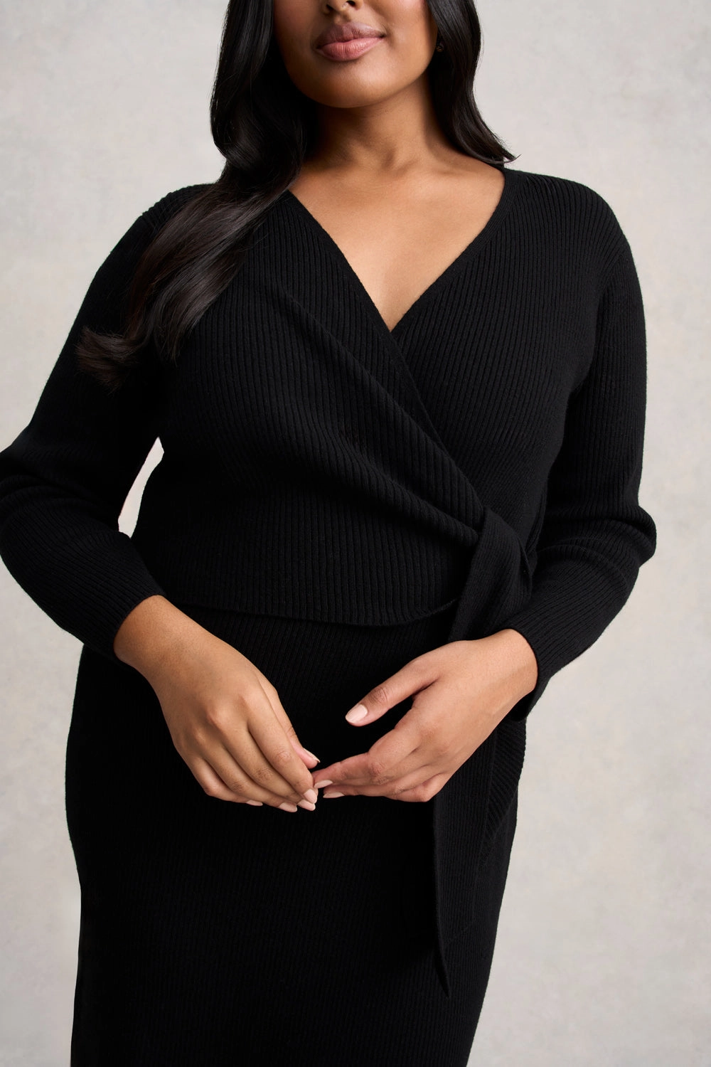 Wrap Detail Knit Dress - Black Layering-Piece Elegant Cut
