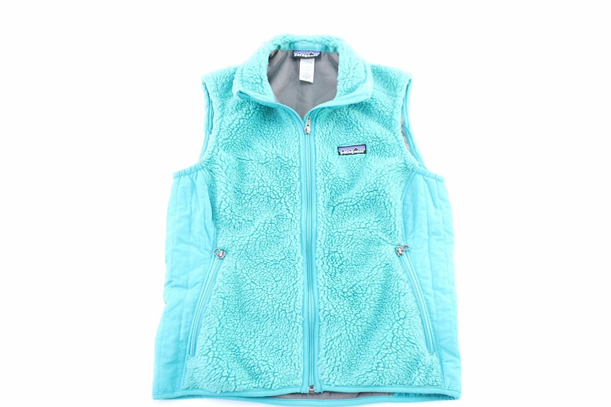 Women's Patagonia Logo Patch Turquoise Fleece Zip Up Vest Quality Assurance bike tour