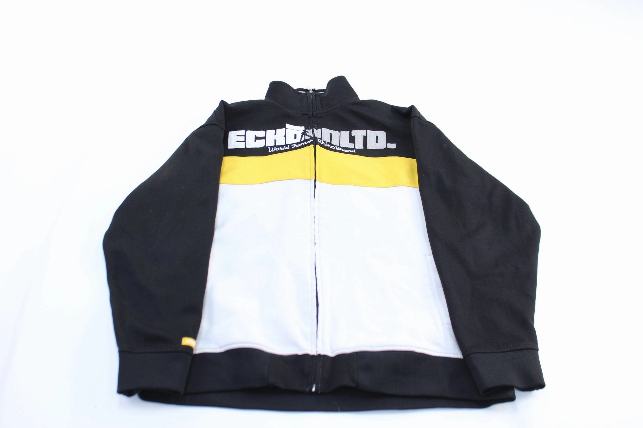 Y2K Ecko Unltd. Embroidered Black, White, & Yellow Zip Up Jacket Heat Resistant Layer Game Day