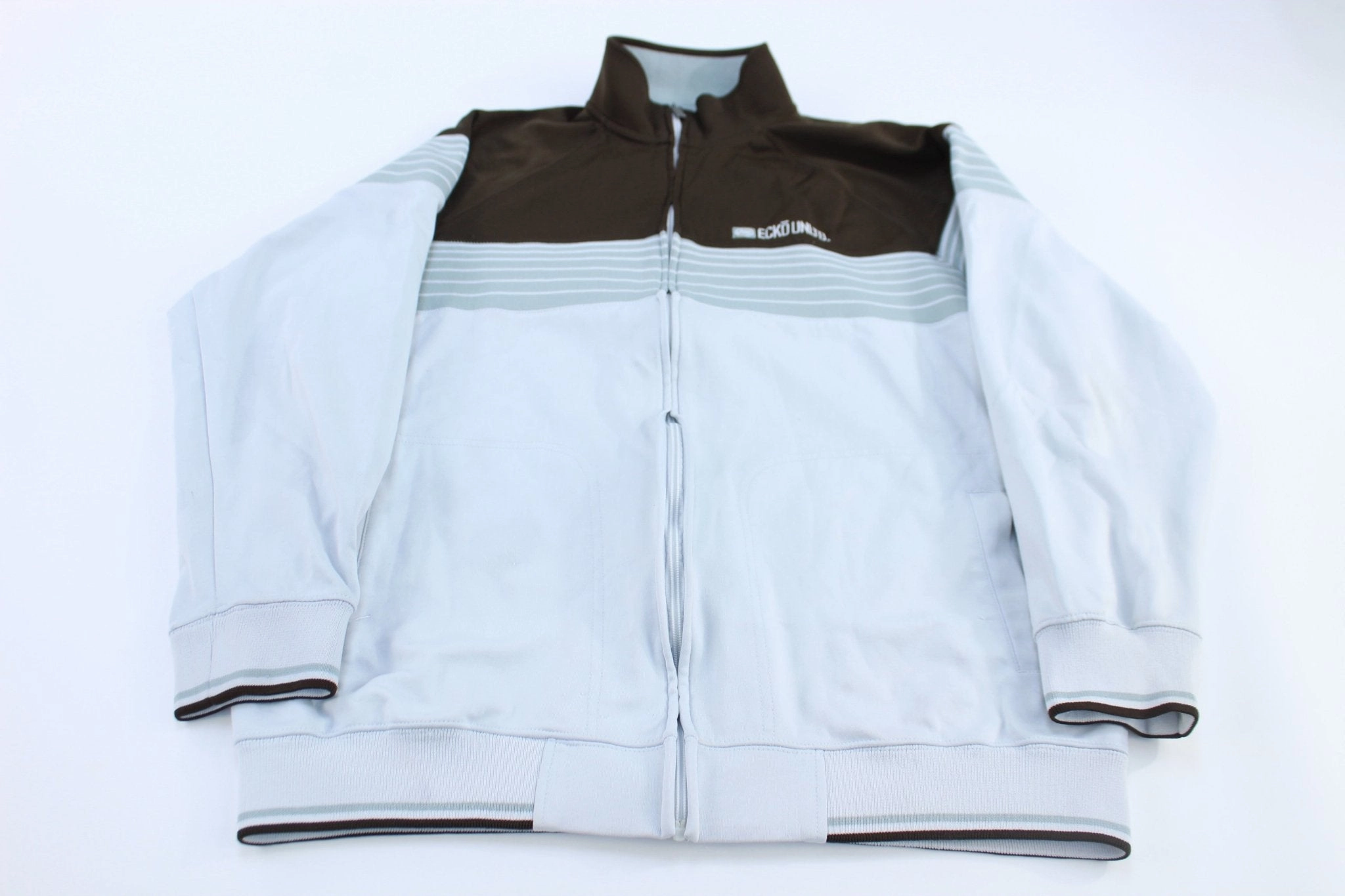 Y2K Ecko Unltd. Embroidered Light Grey & Brown Track Jacket Trail Friendly Sleek Layer