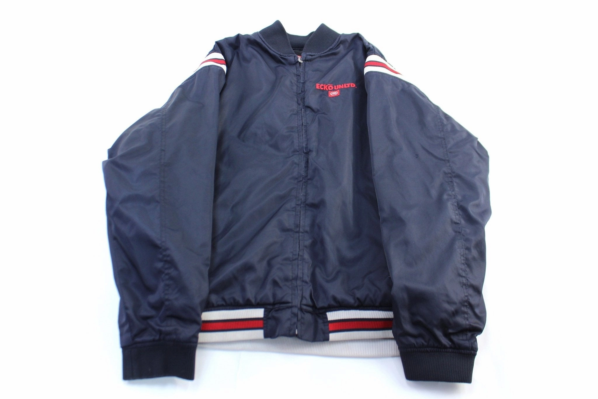 Bravery Sporty Jacket Y2K Ecko Unltd. Embroidered Logo Red, Blue, & White Bomber Jacket