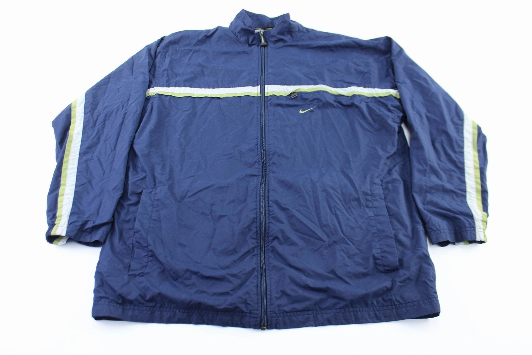 Y2K Nike Embroidered Logo Navy Blue Striped Zip Up Jacket Water Repellent Finish