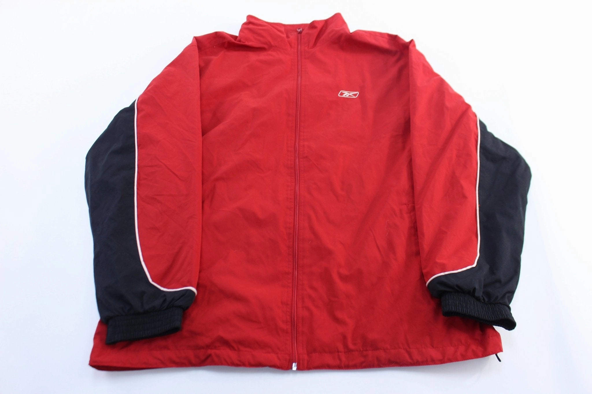 Y2K Reebok Embroidered Logo Red & Black Zip Up Jacket High Visibility Accents Recycled Polyester Blend