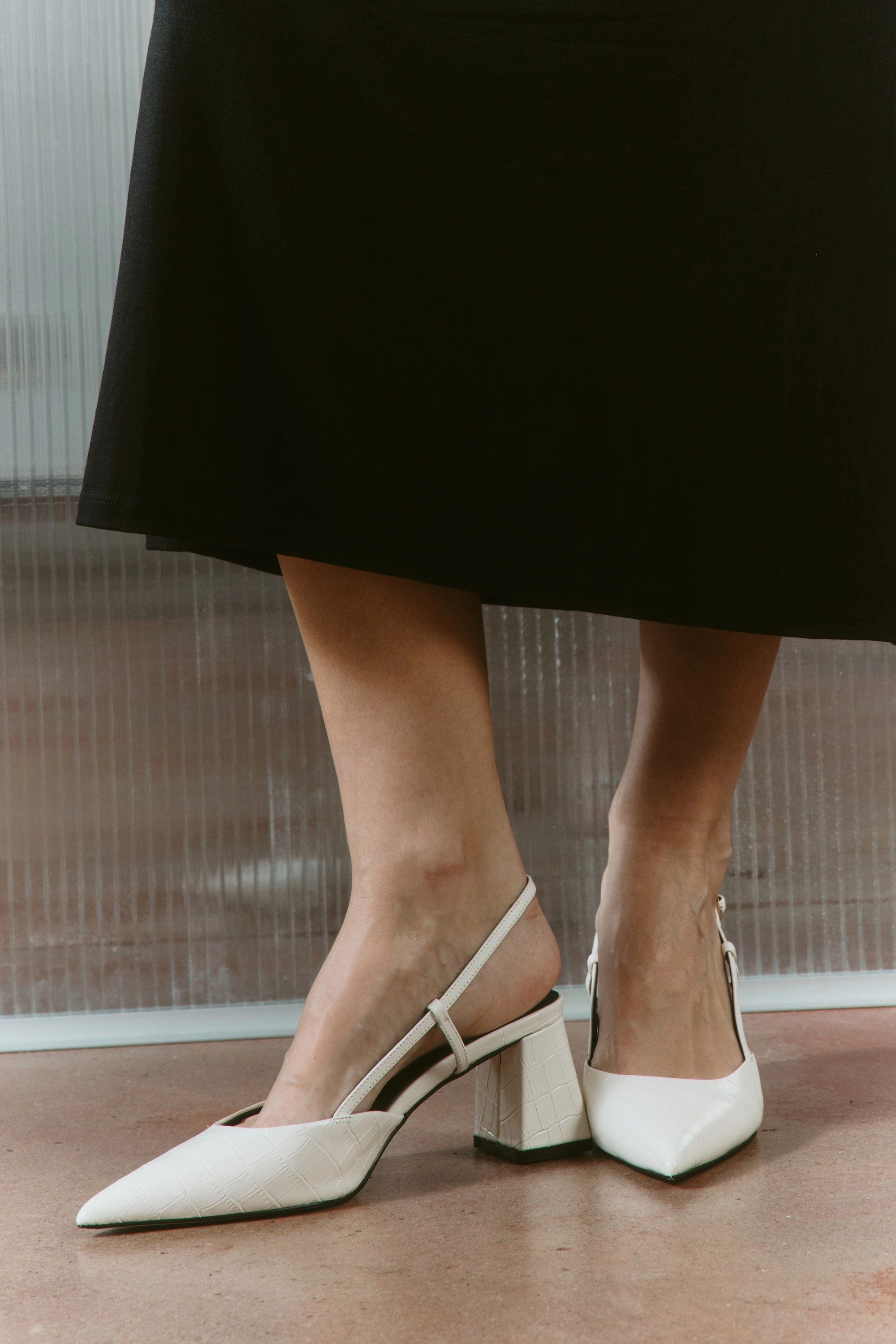 Yasmine Slingback Heels - Chalk White Croc Leather Scale Step Pair Well