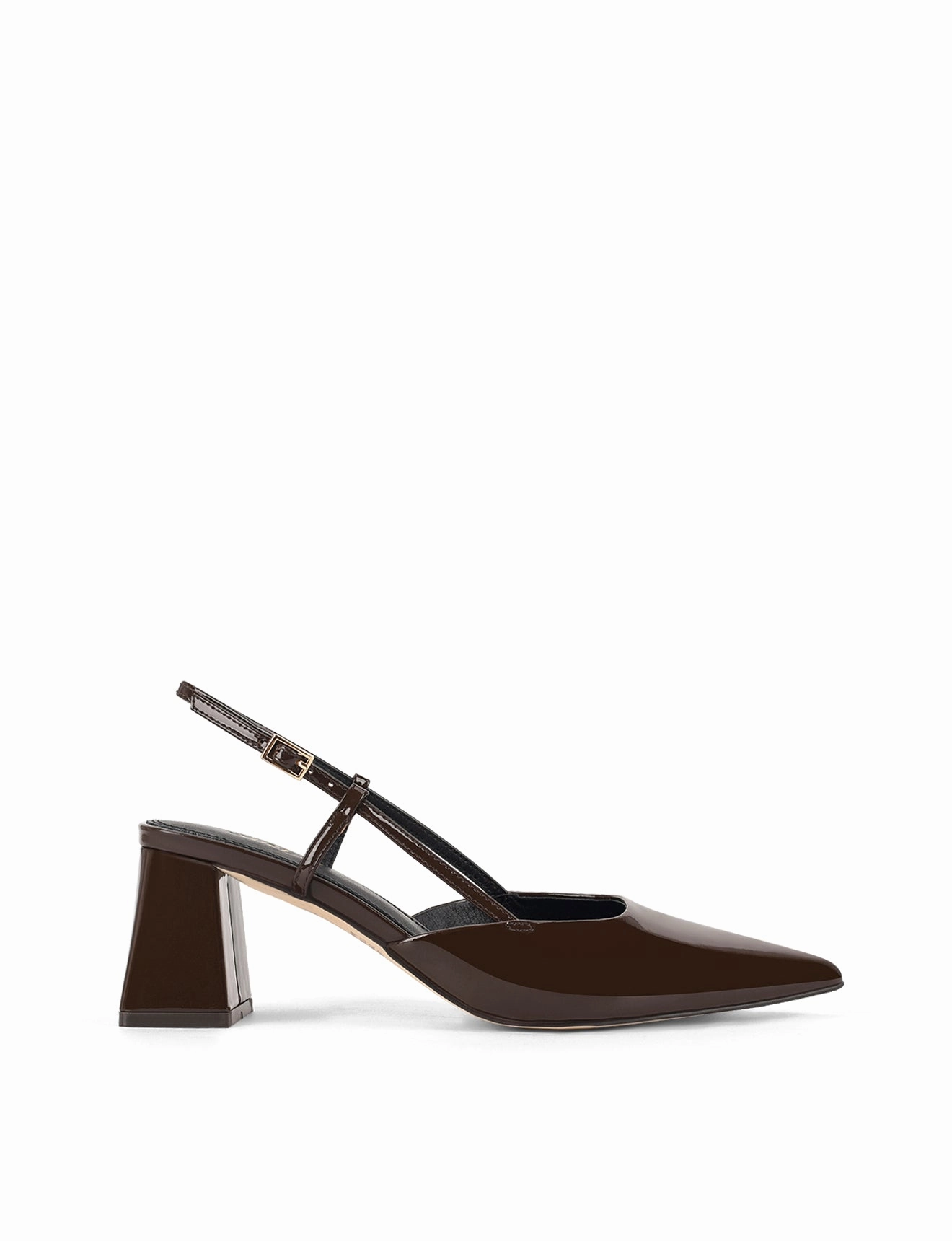 Yasmine Slingback Heels - Chocolate Brown Patent Leather Stop Step