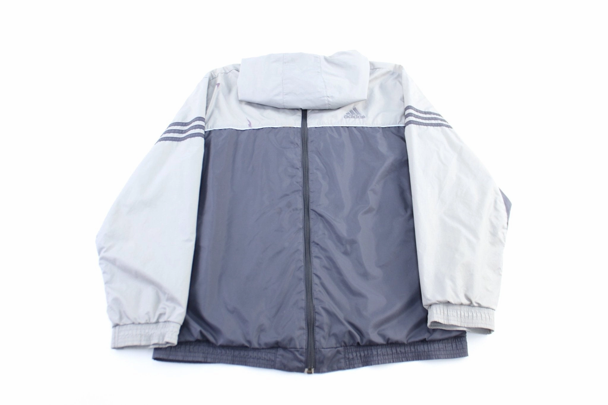 High Neck Youth Adidas Embroidered Logo Grey & Black Striped Zip Up Jacket