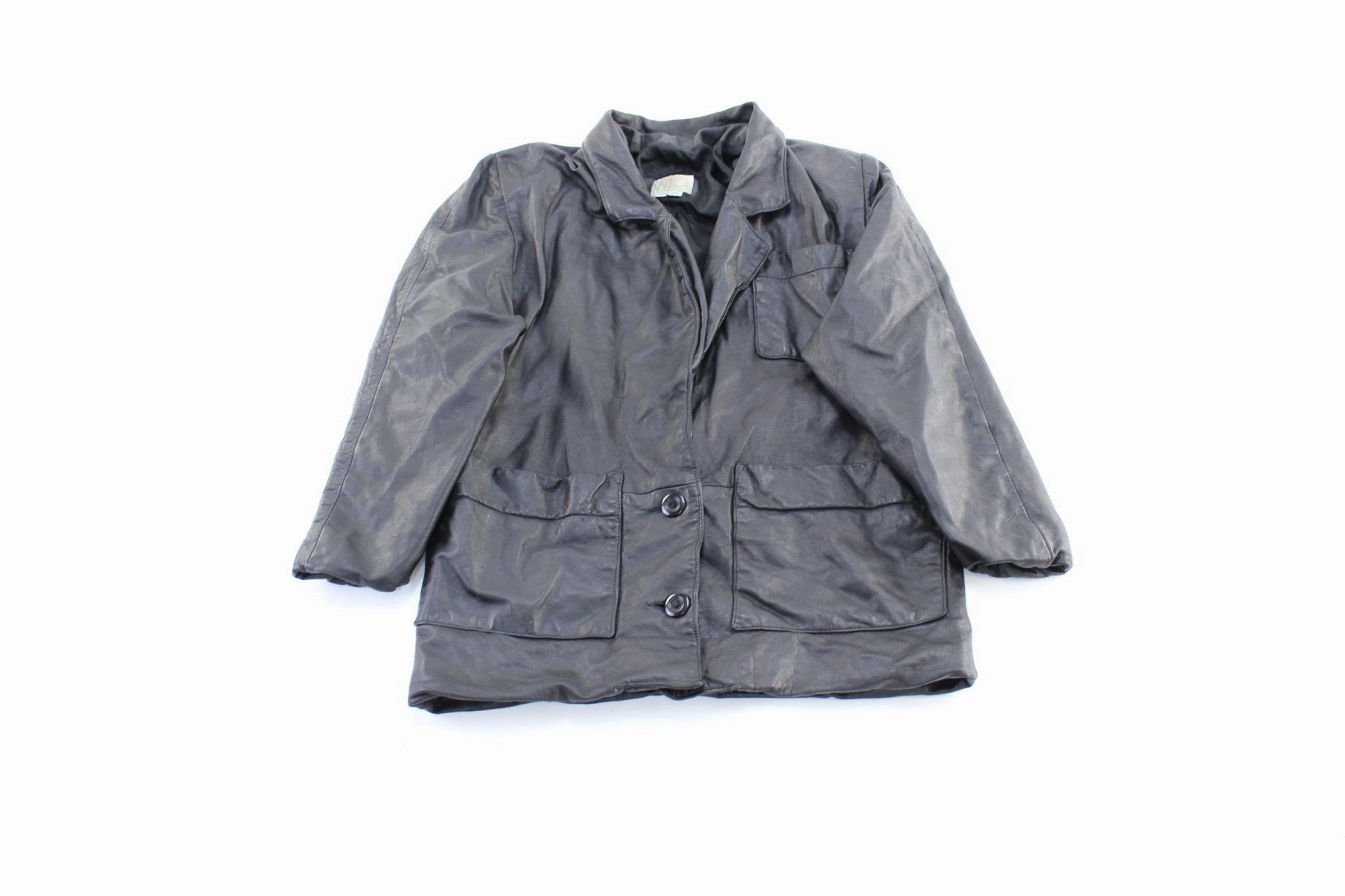 Women's 90's Vakko Black Leather Coat Warm Coverage Enjoy