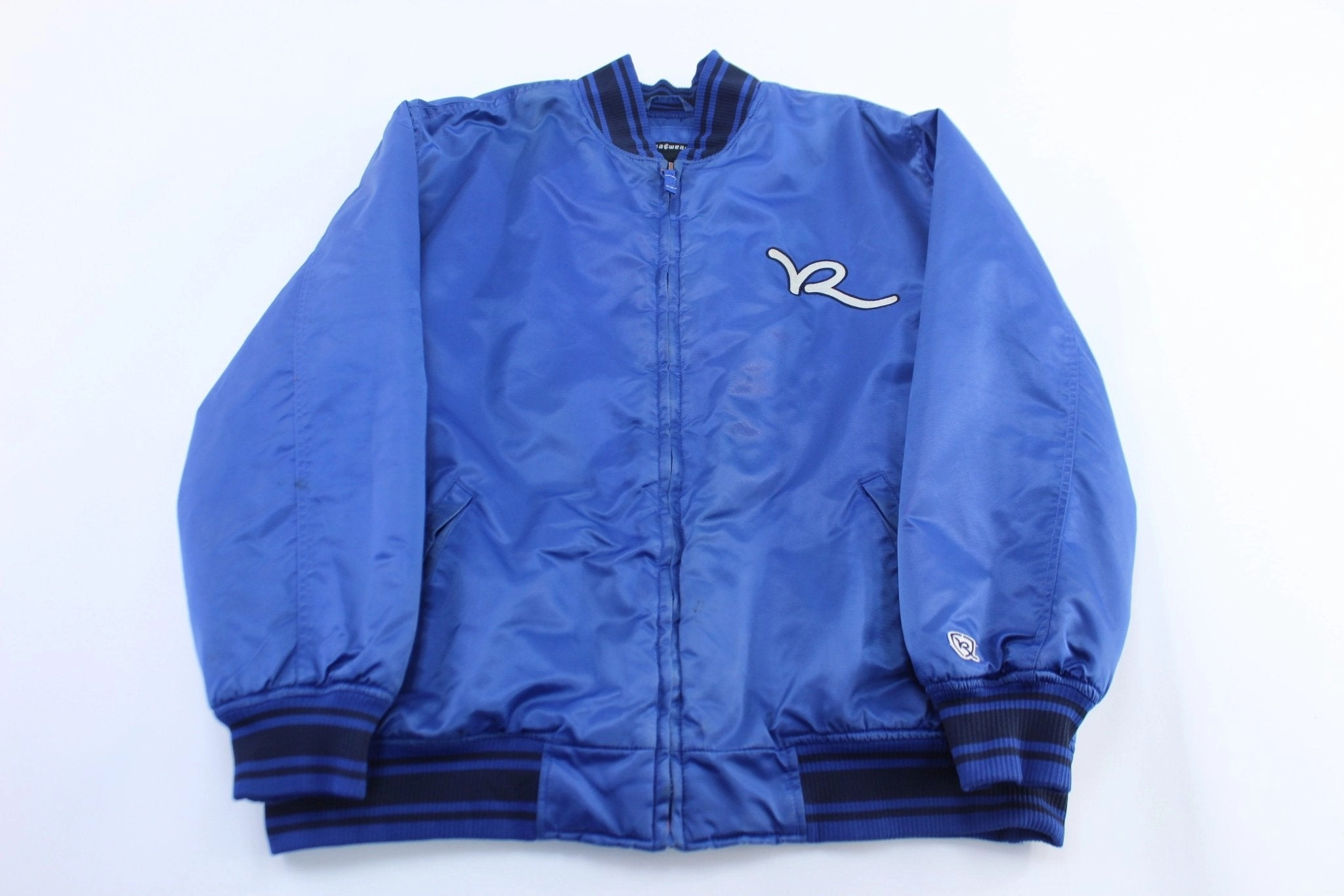 Y2K Rocawear Embroidered Blue & Black Bomber Zip Up Jacket Multi Pocket Design