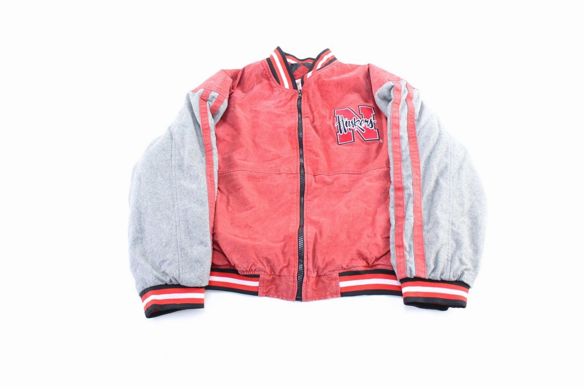 Solid-color 90's Nebraska Huskers Embroidered Suede Zip Up Jacket